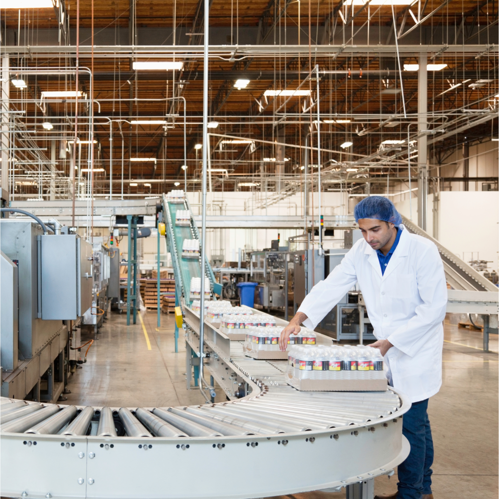 Factory worker monitoring a conveyor belt